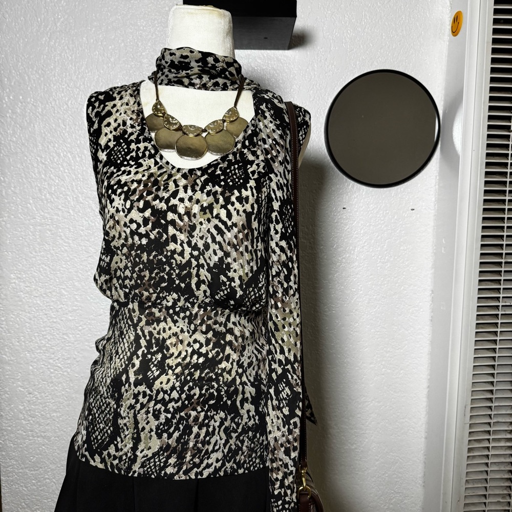 Ann Taylor Black and Cream Animal Print Blouse with Scarf